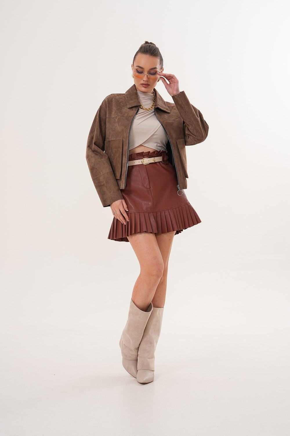 Elvoria Reversible Leather Jacket – Taupe \/ Suede Brown