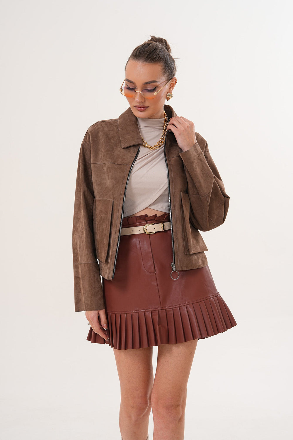 Elvoria Reversible Leather Jacket – Taupe \/ Suede Brown