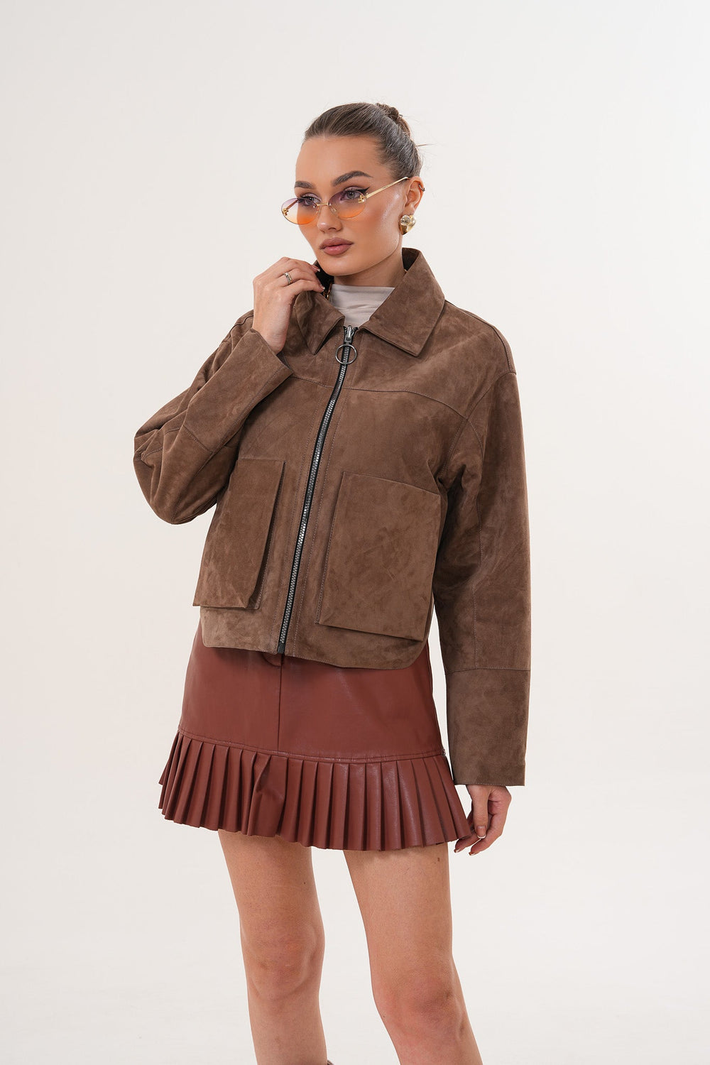 Elvoria Reversible Leather Jacket – Taupe \/ Suede Brown