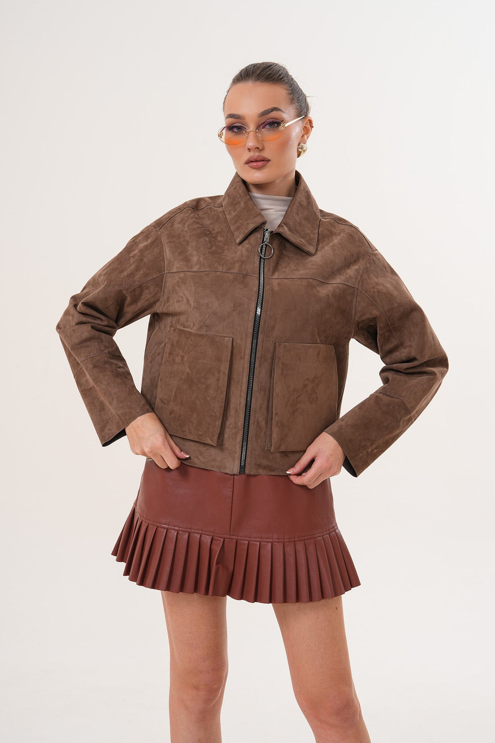 Elvoria Reversible Leather Jacket – Taupe \/ Suede Brown
