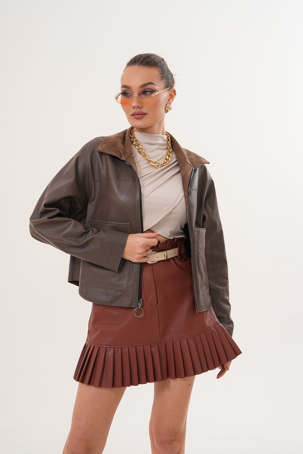 Elvoria Reversible Leather Jacket – Taupe \/ Suede Brown
