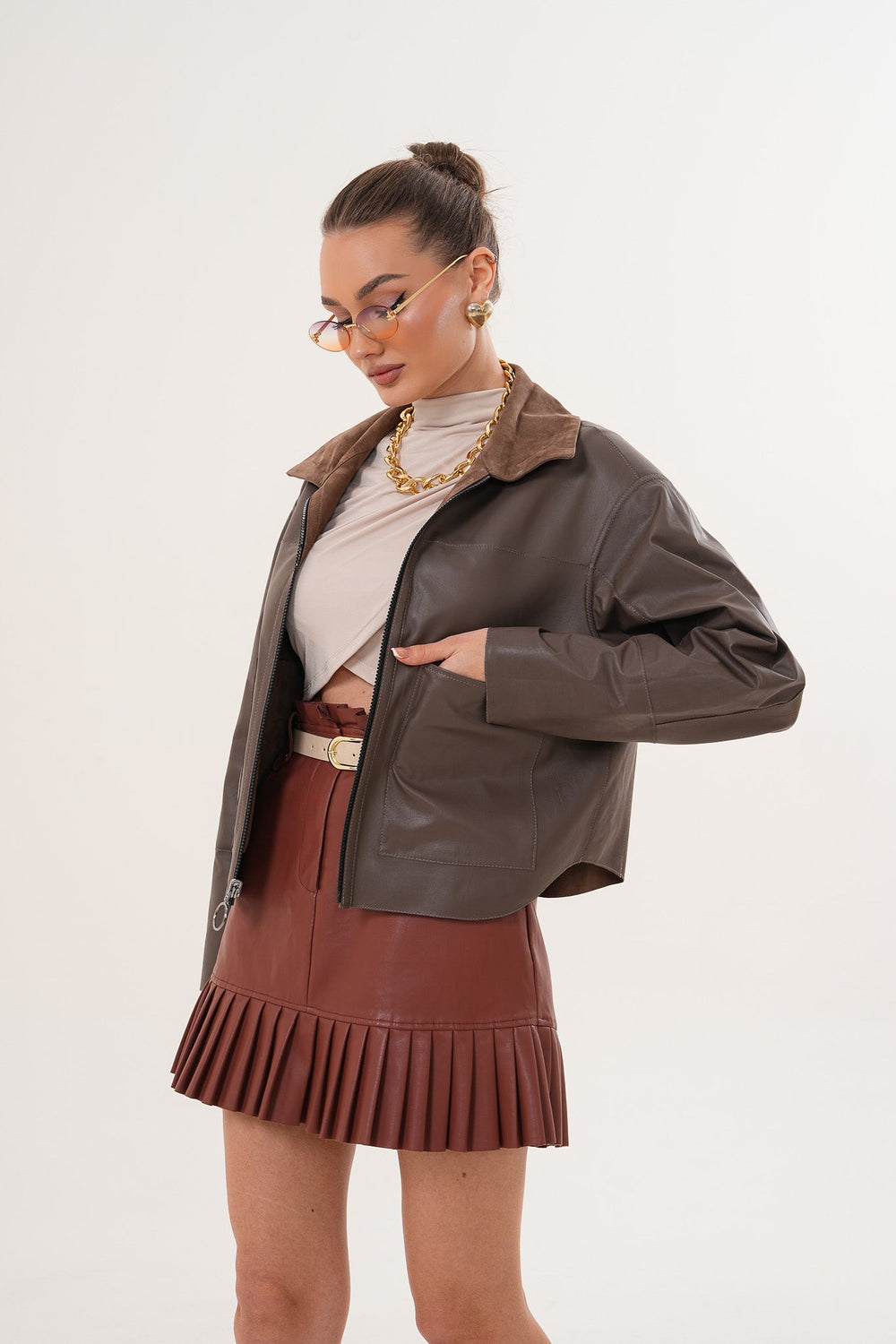 Elvoria Reversible Leather Jacket – Taupe \/ Suede Brown