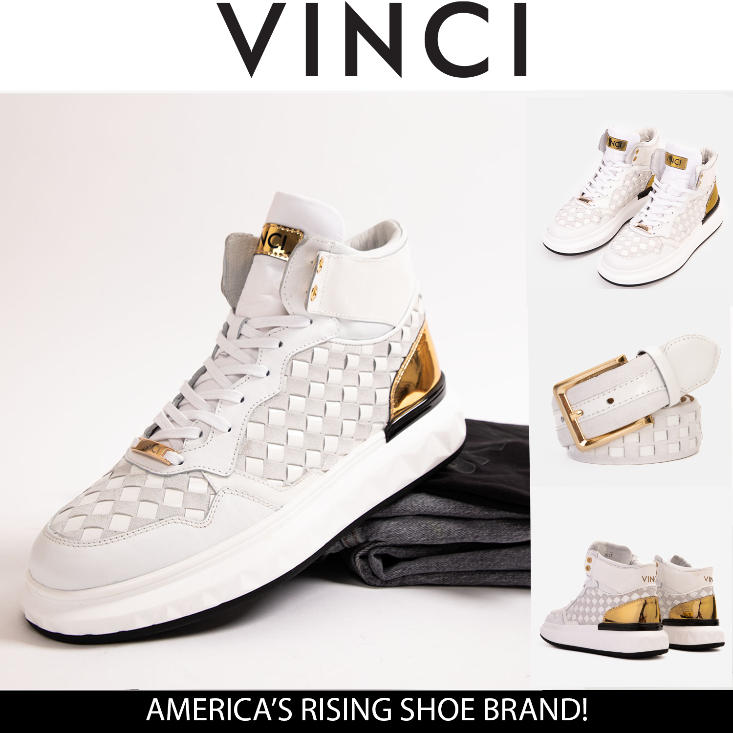 The Eugene White Gold Woven Leather High-Top Sneaker