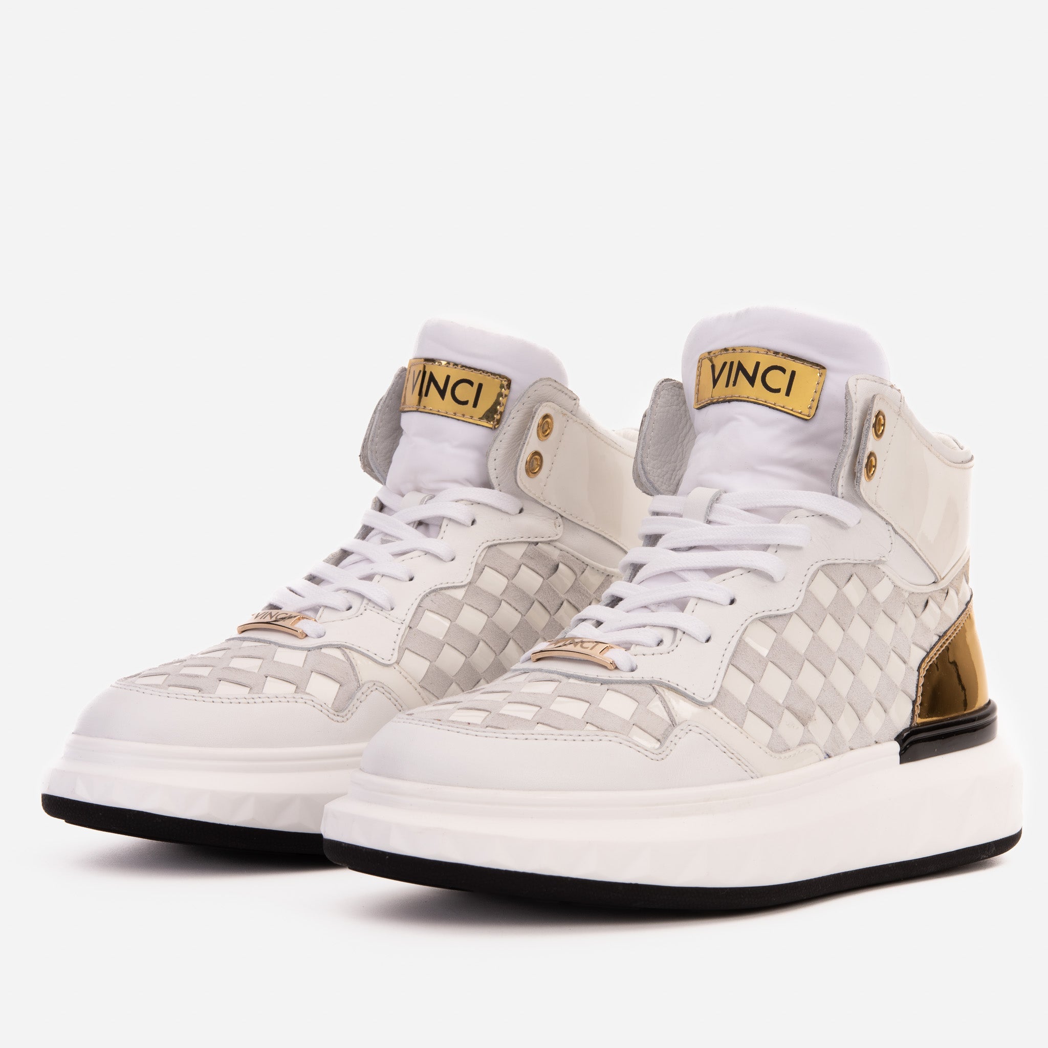 The Eugene White Gold Woven Leather High-Top Sneaker