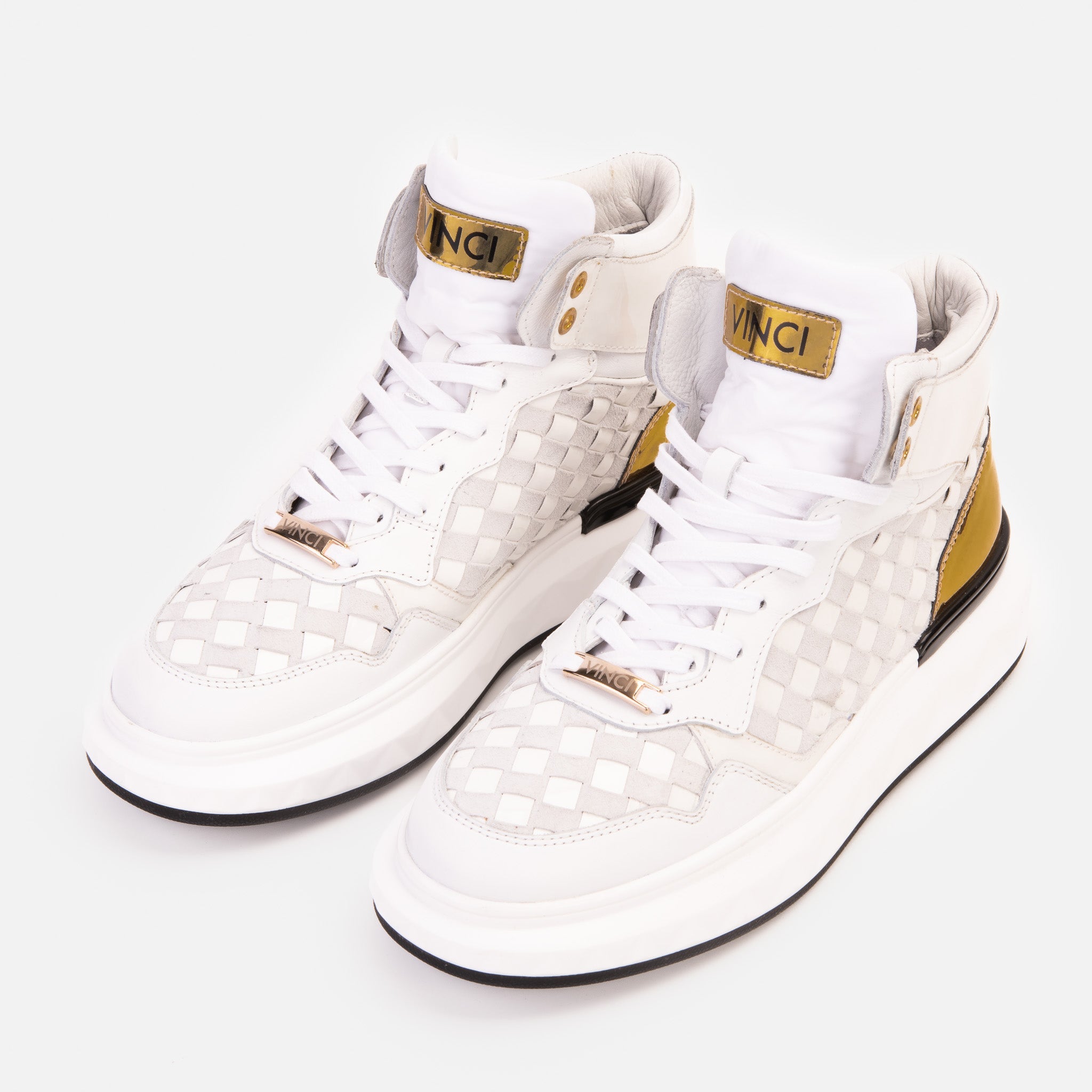 The Eugene White Gold Woven Leather High-Top Sneaker