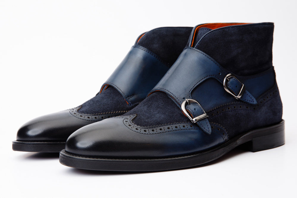 The Albus Navy Blue Leather Suede Double Strap Monk Brogue Boot
