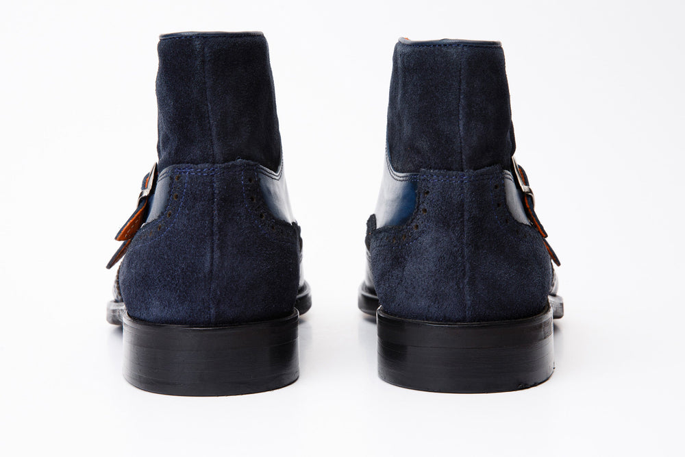 The Albus Navy Blue Leather Suede Double Strap Monk Brogue Boot