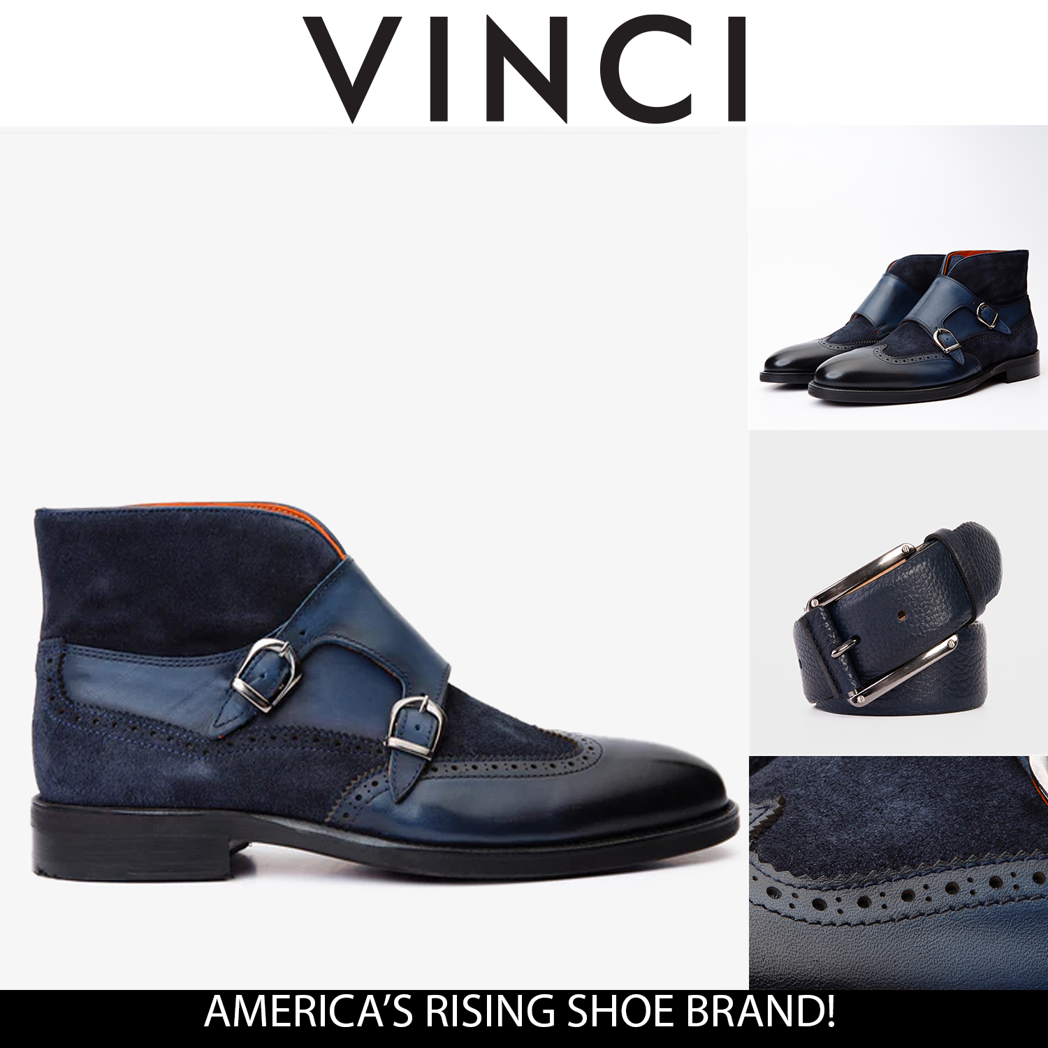 The Albus Navy Blue Leather Suede Double Strap Monk Brogue Boot
