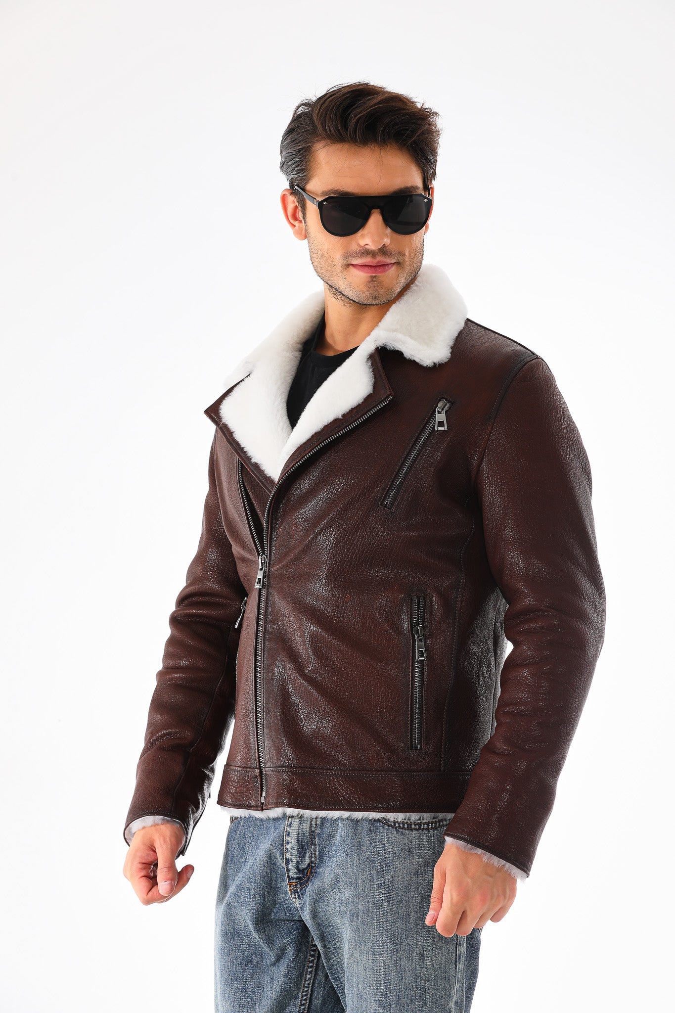The Cortina Brown White Shearling Leather Jacket