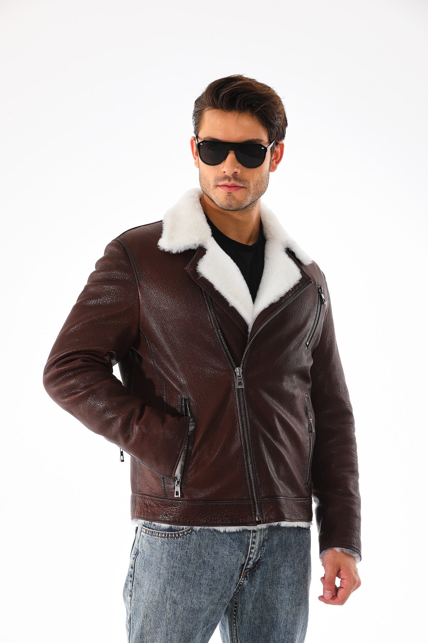 The Cortina Brown White Shearling Leather Jacket