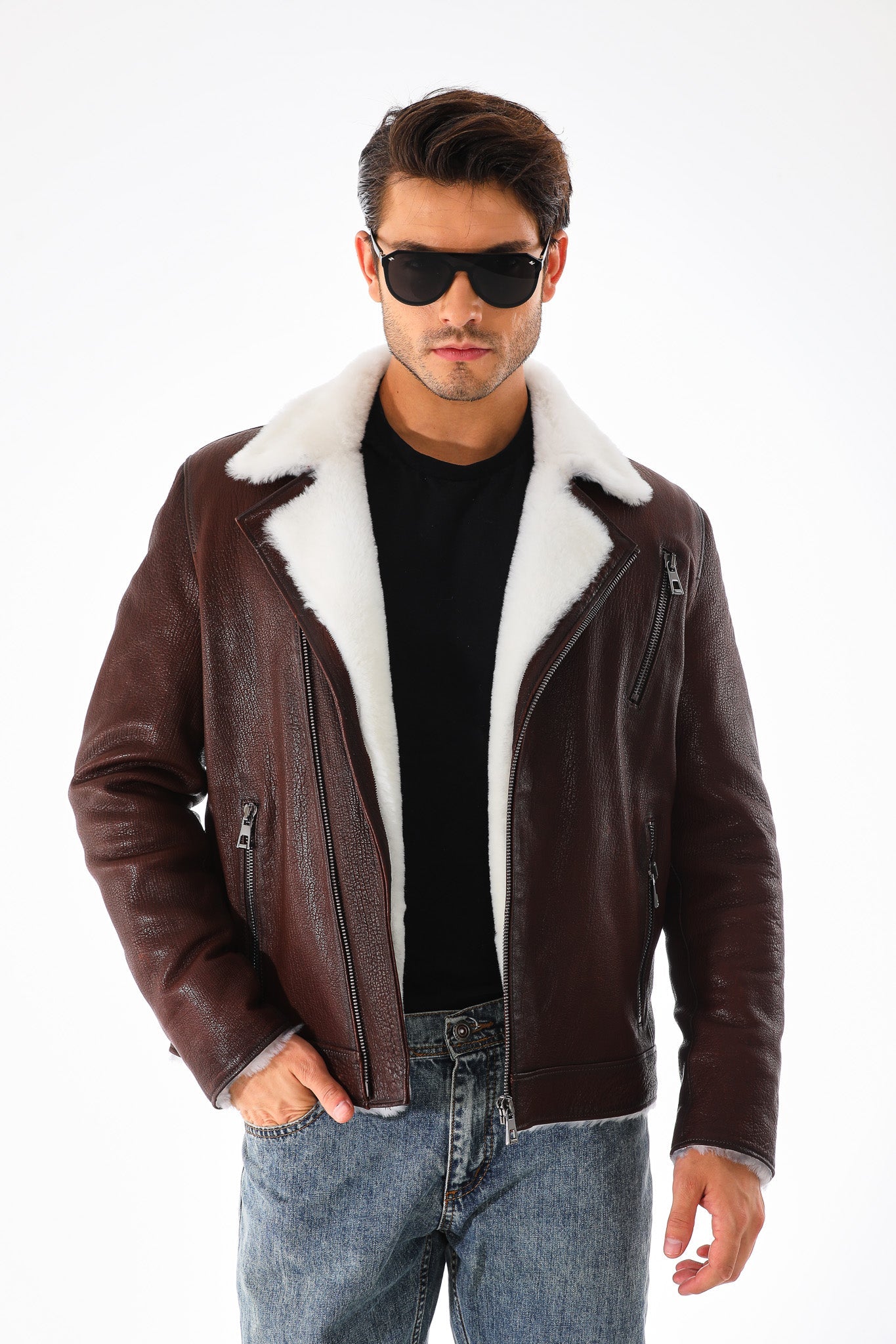 The Cortina Brown White Shearling Leather Jacket