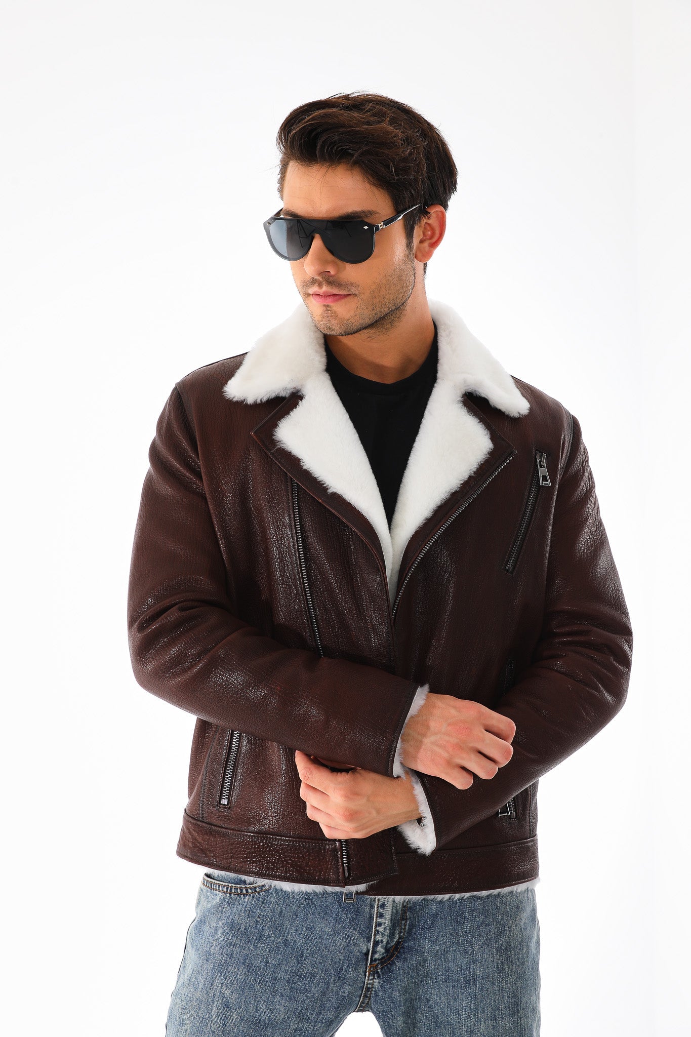 The Cortina Brown White Shearling Leather Jacket