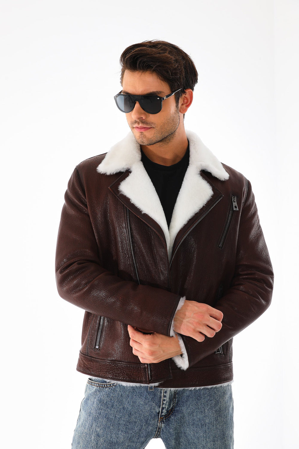 The Cortina Brown White Shearling Leather Jacket