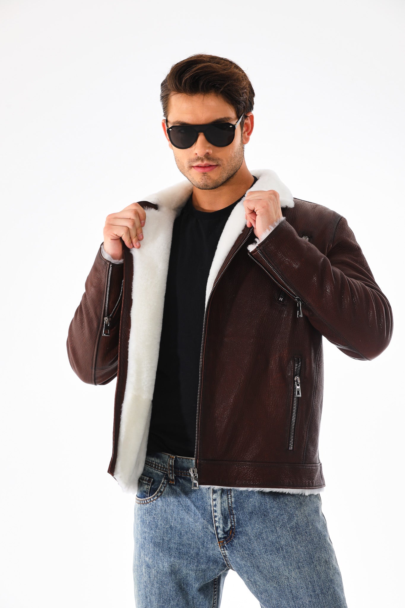 The Cortina Brown White Shearling Leather Jacket