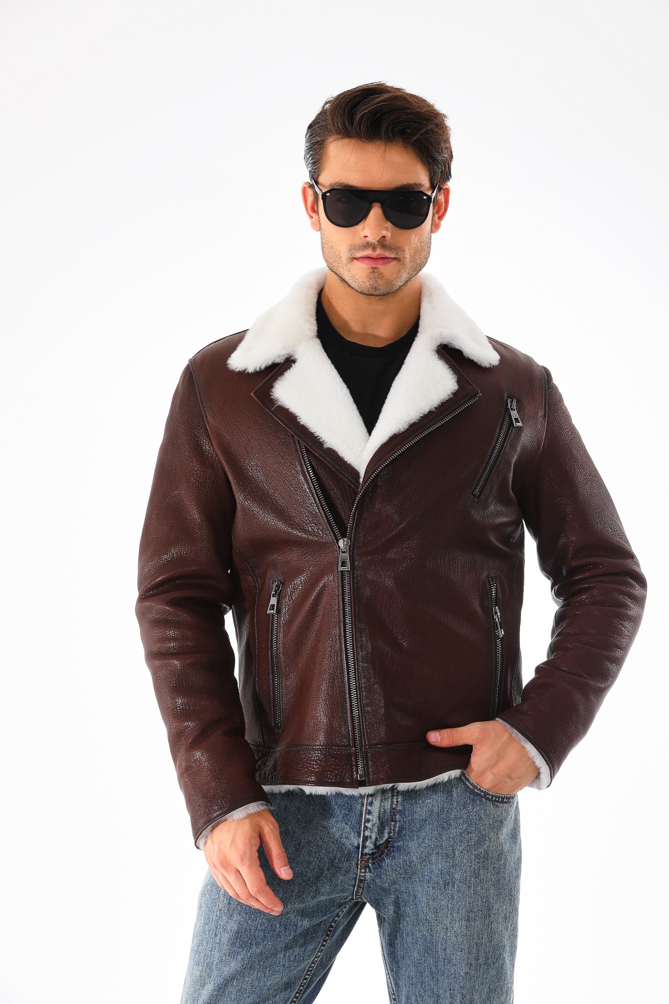 The Cortina Brown White Shearling Leather Jacket