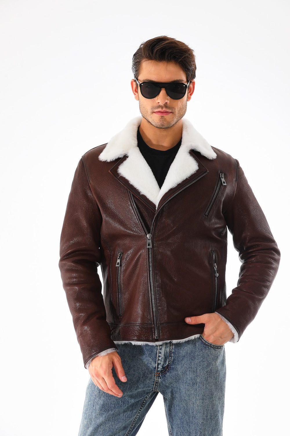 The Cortina Brown White Shearling Leather Jacket