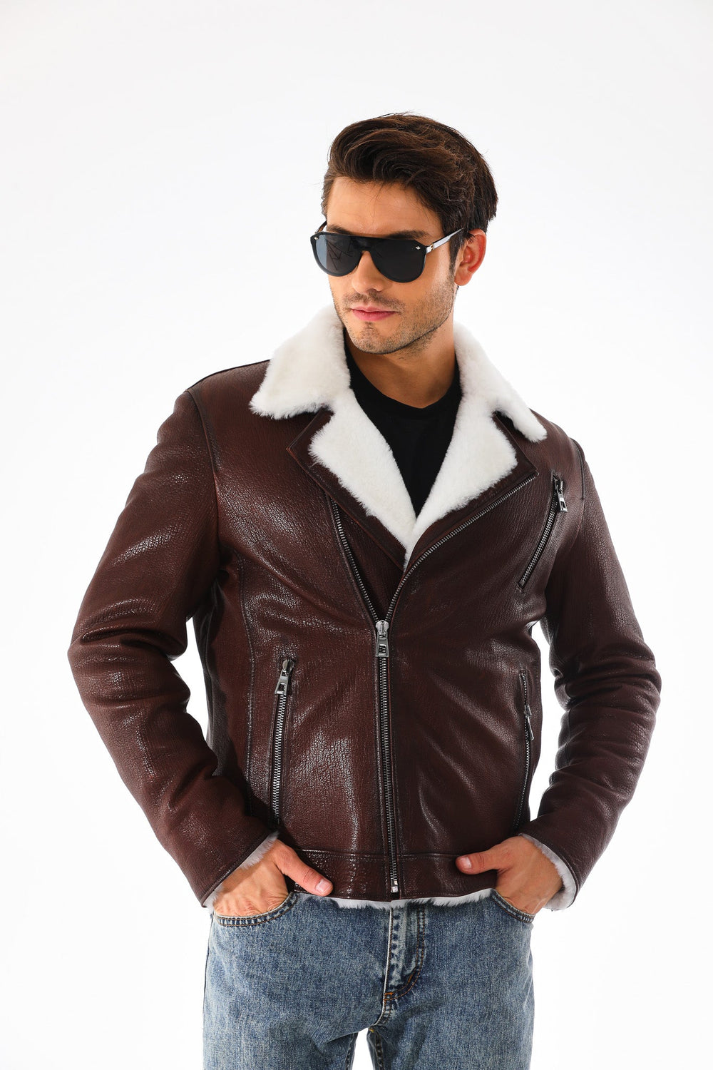 The Cortina Brown White Shearling Leather Jacket