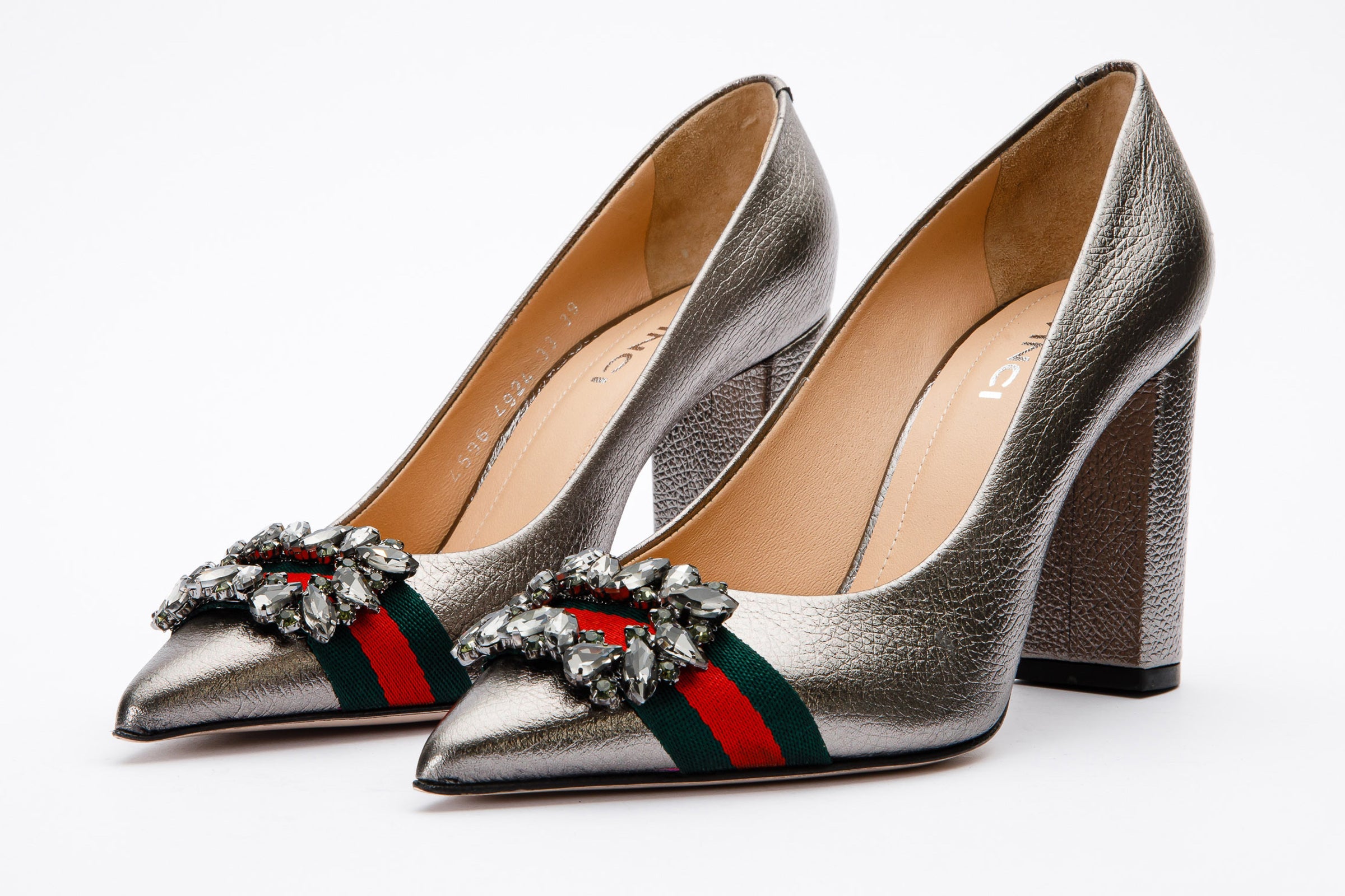 The Afega Silver Leather Block Heel Pump Shoe