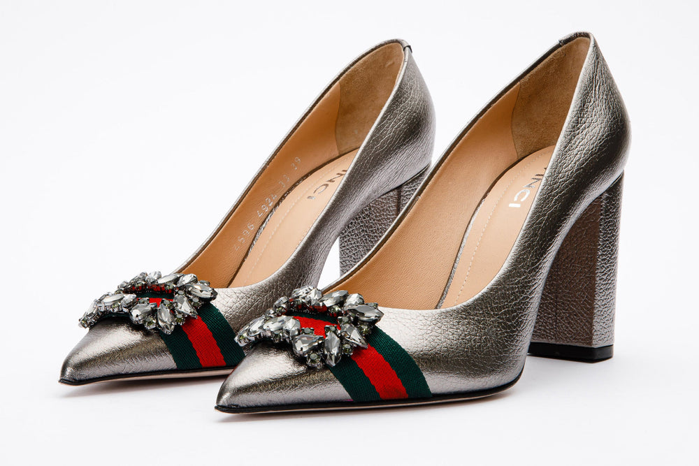 The Afega Silver Leather Block Heel Pump Shoe