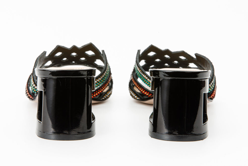 The Palma Black Glitter Leather Block Heel Sandal