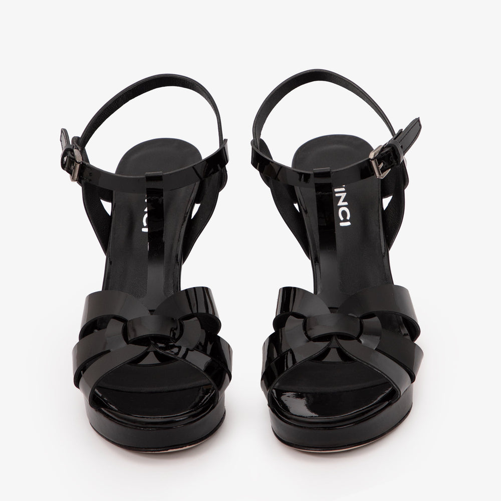 The Parisian Black Patent Leather T-Strap Platform Heel Sandal