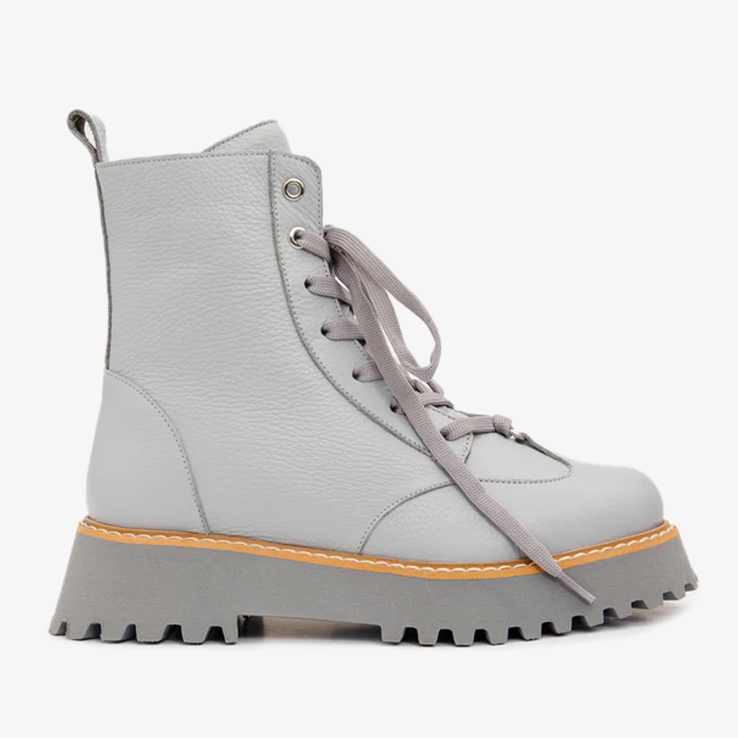 The Yildiz Grey Leather Lace-Up Ankle Boot With a Side Zipper