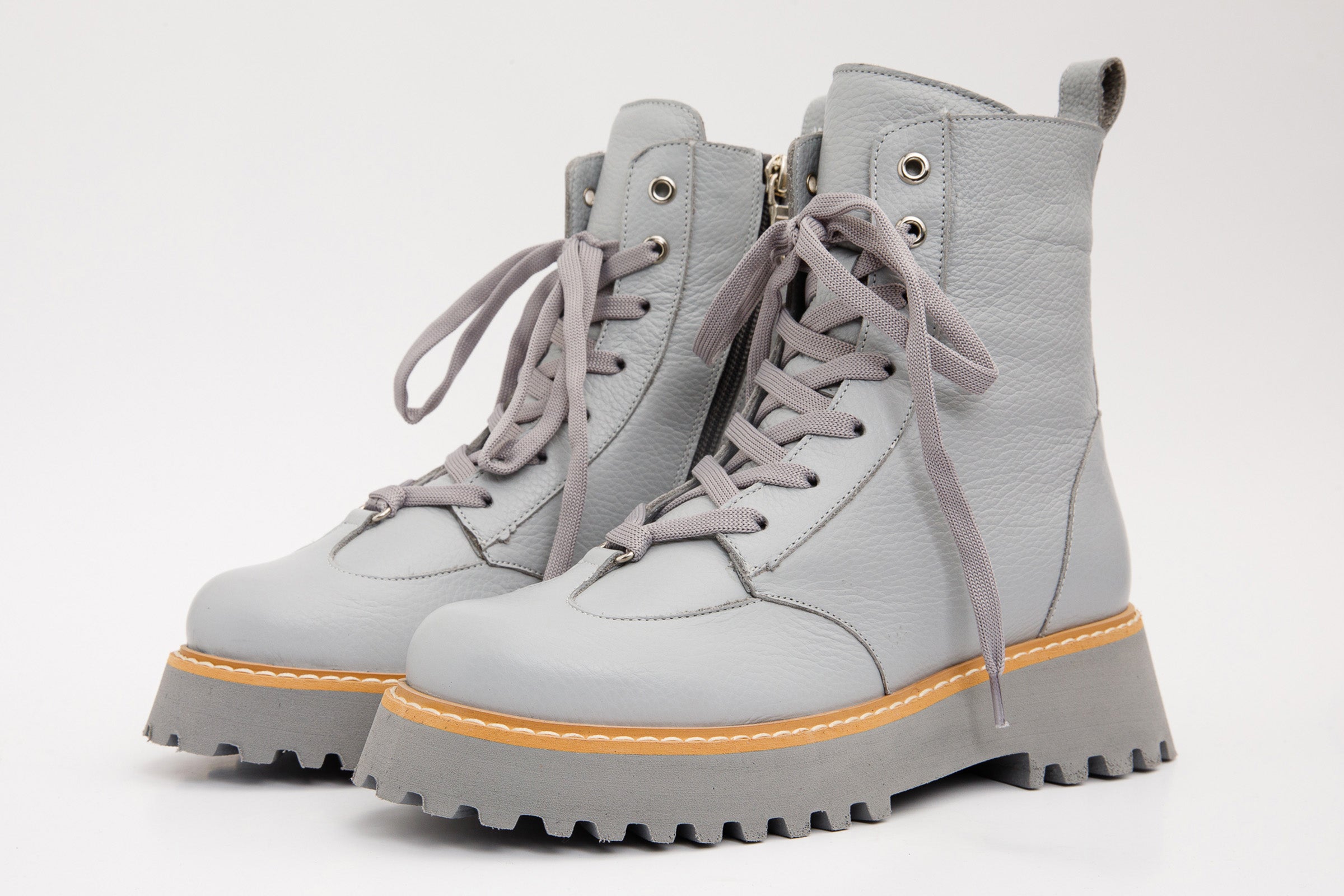 The Yildiz Grey Leather Lace-Up Ankle Boot With a Side Zipper