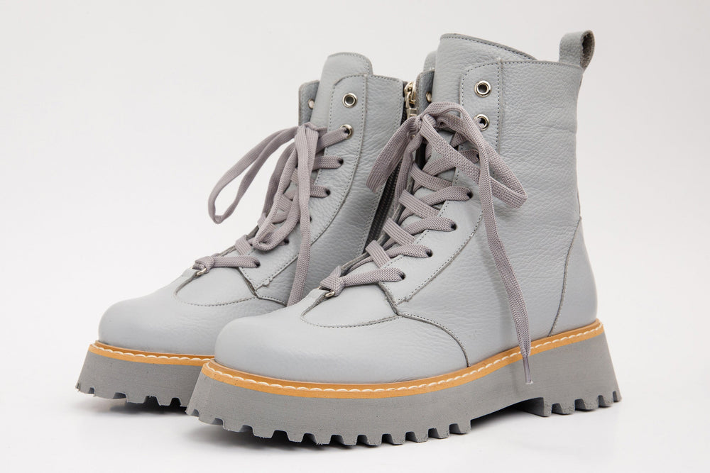 The Yildiz Grey Leather Lace-Up Ankle Boot With a Side Zipper