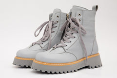 The Yildiz Grey Leather Lace-Up Ankle Boot With a Side Zipper