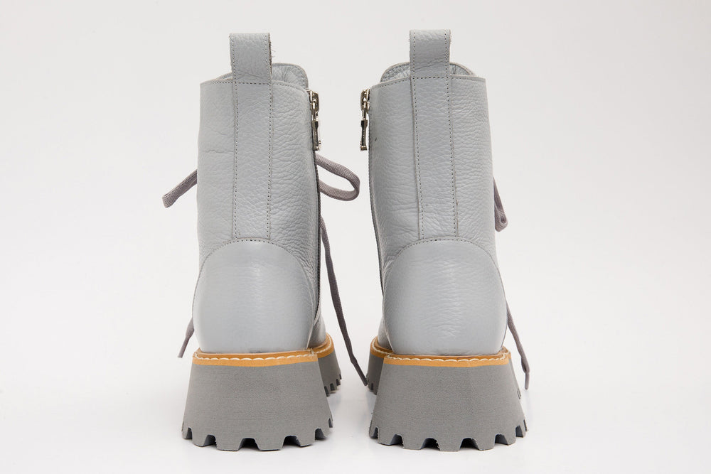 The Yildiz Grey Leather Lace-Up Ankle Boot With a Side Zipper