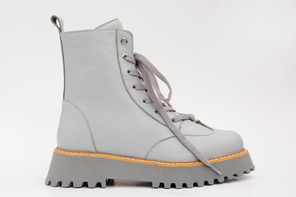The Yildiz Grey Leather Lace-Up Ankle Boot With a Side Zipper