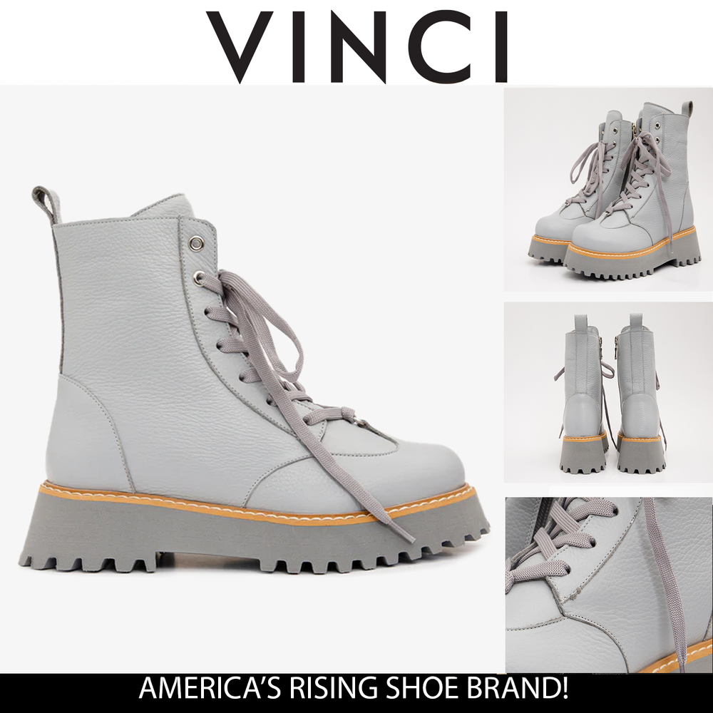 The Yildiz Grey Leather Lace-Up Ankle Boot With a Side Zipper