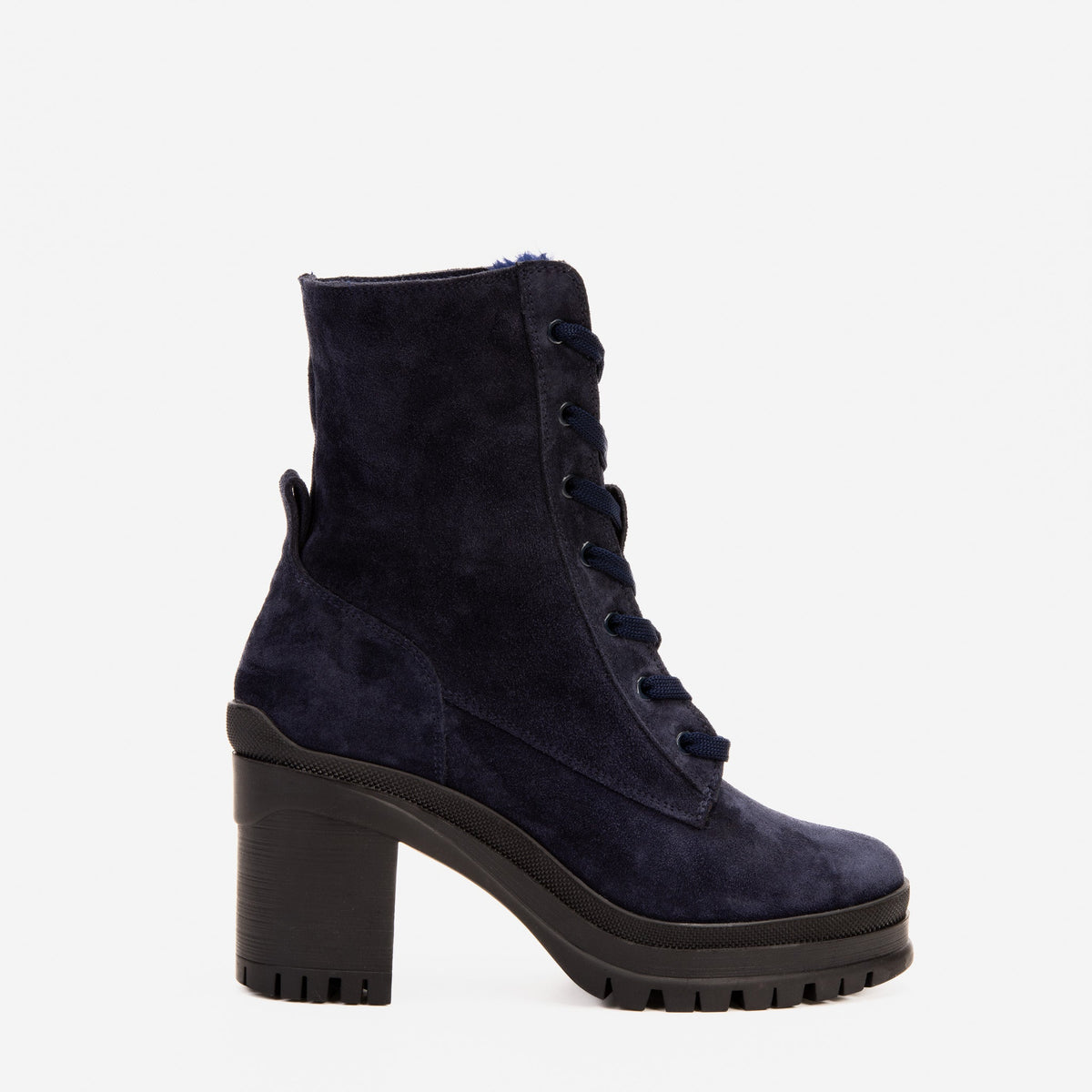 The Elera Navy Blue Leather Block Heel Boot