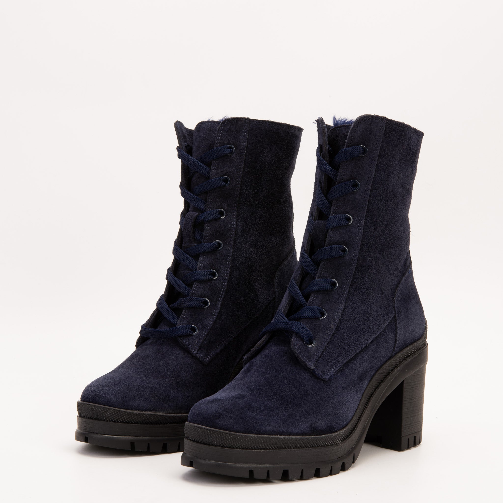 The Elera Navy Blue Leather Block Heel Boot
