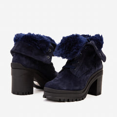 The Elera Navy Blue Leather Block Heel Boot
