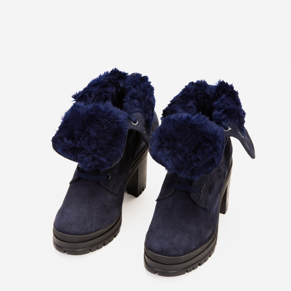 The Elera Navy Blue Leather Block Heel Boot