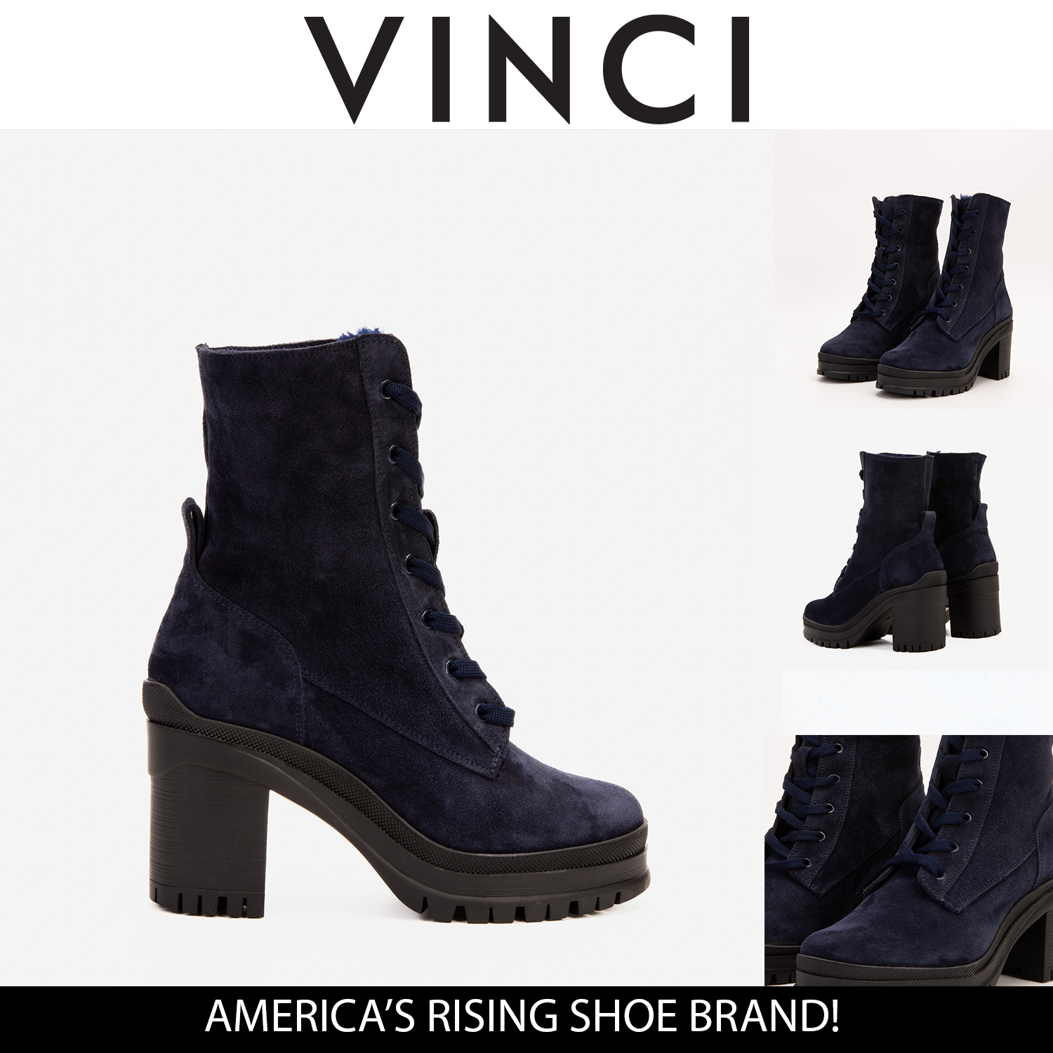The Elera Navy Blue Leather Block Heel Boot