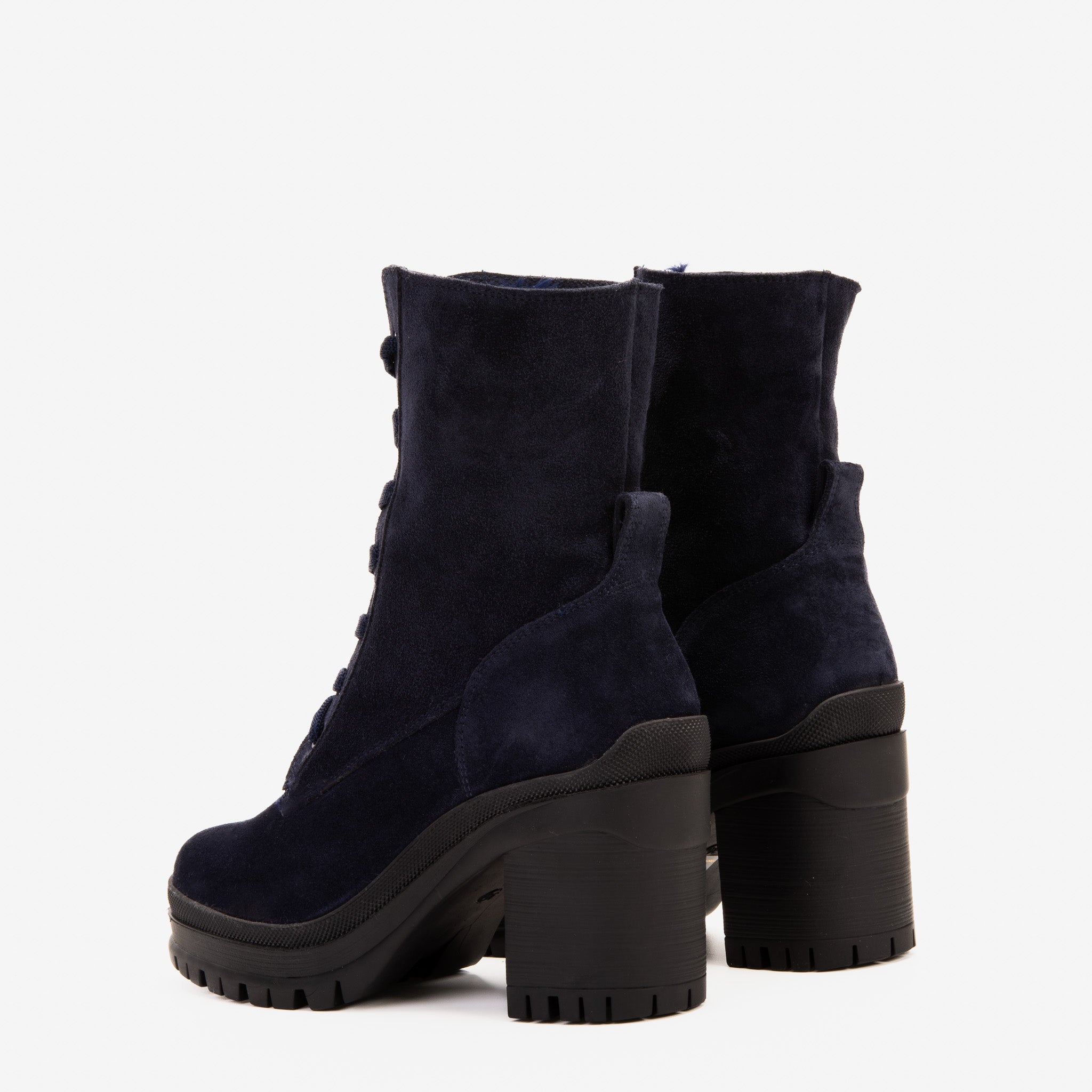 The Elera Navy Blue Leather Block Heel Boot