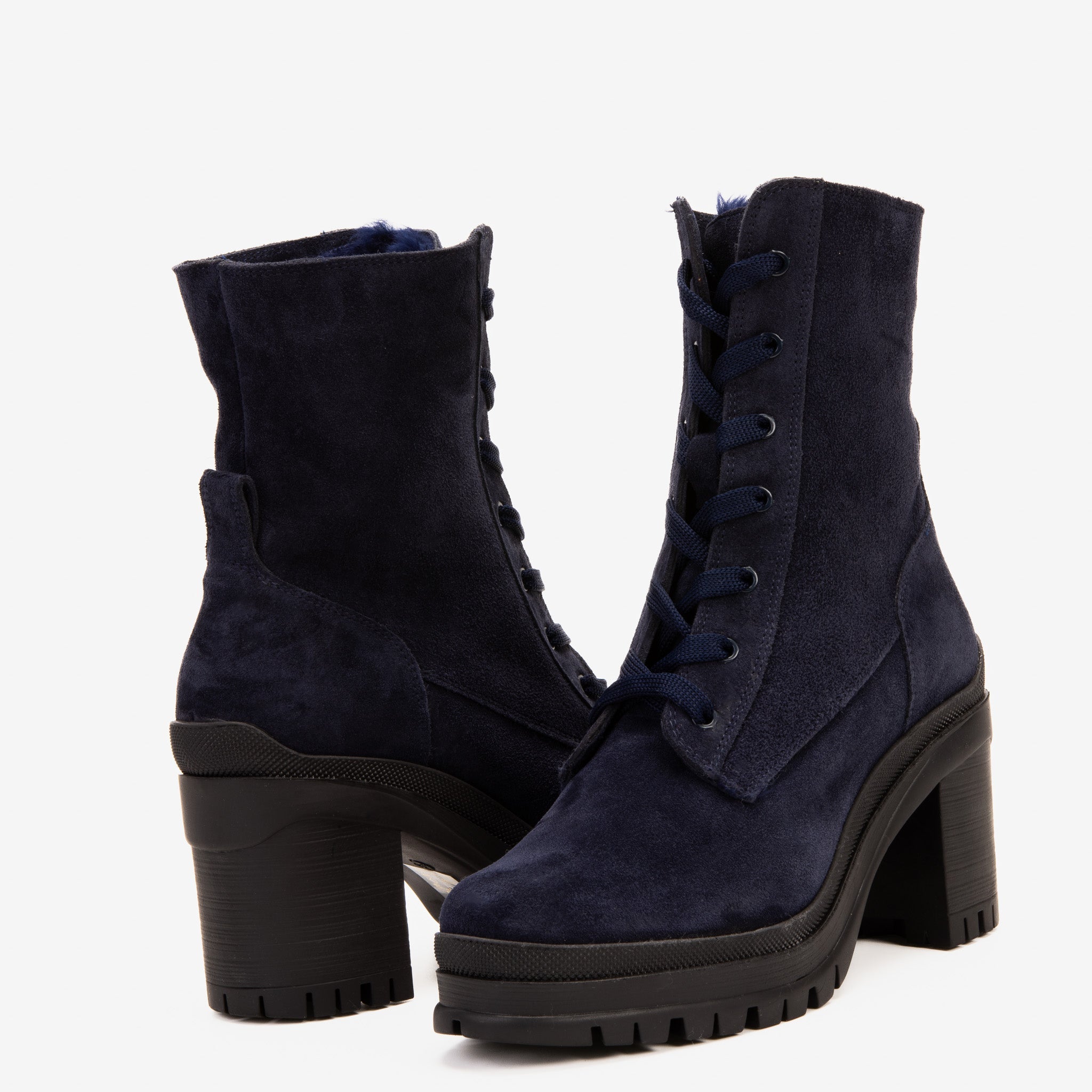 The Elera Navy Blue Leather Block Heel Boot