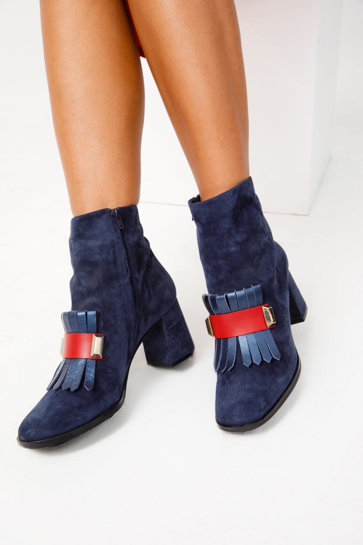 The Luksor Navy Blue Suede Leather Block Heel Boot