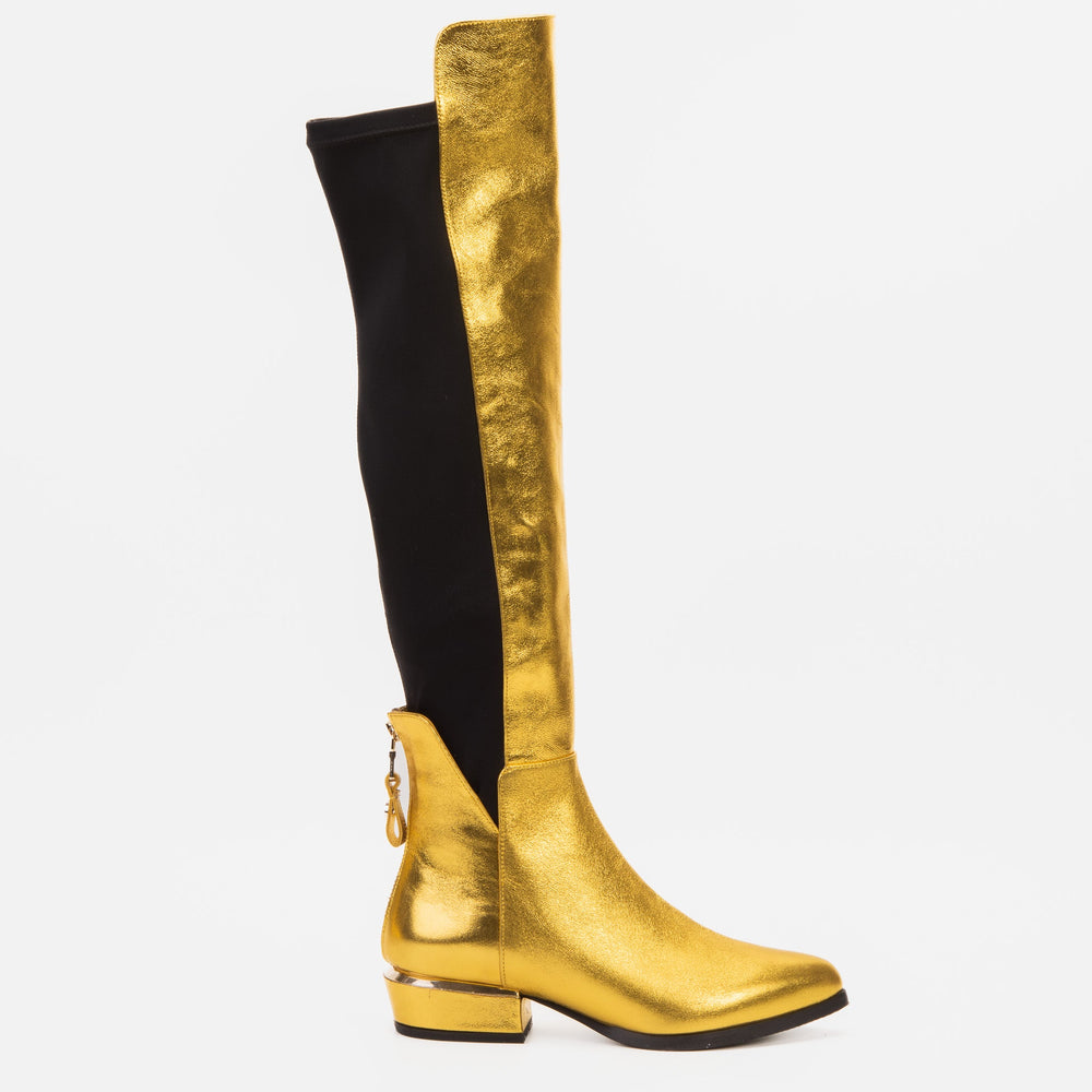 The Fairoks Gold Leather Pointy Toe Knee High Boot