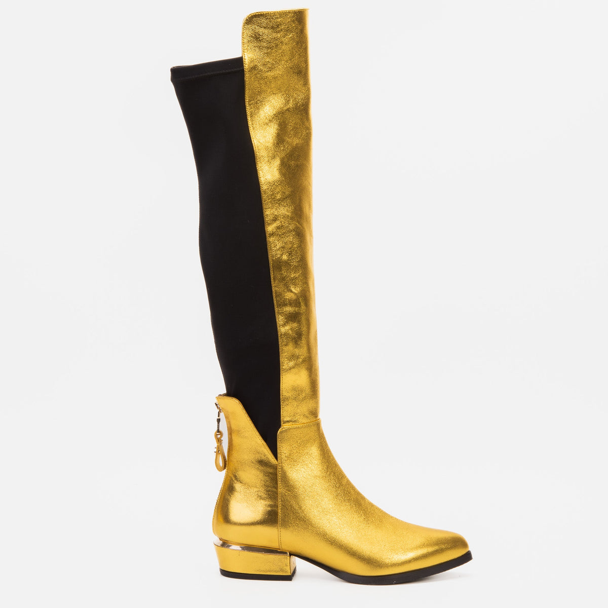 The Fairoks Gold Leather Pointy Toe Knee High Boot