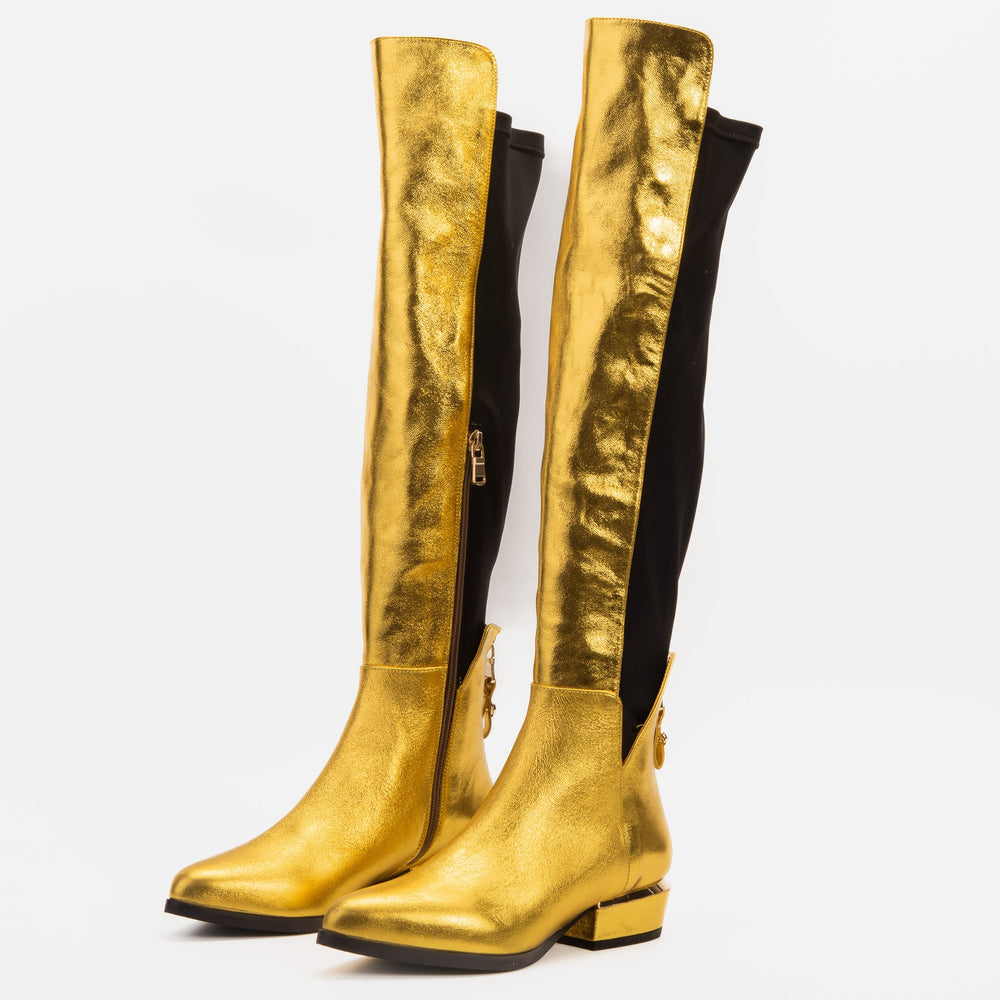 The Fairoks Gold Leather Pointy Toe Knee High Boot