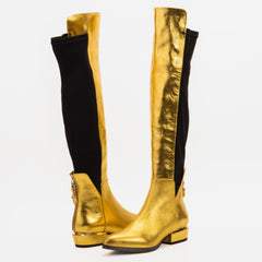The Fairoks Gold Leather Pointy Toe Knee High Boot