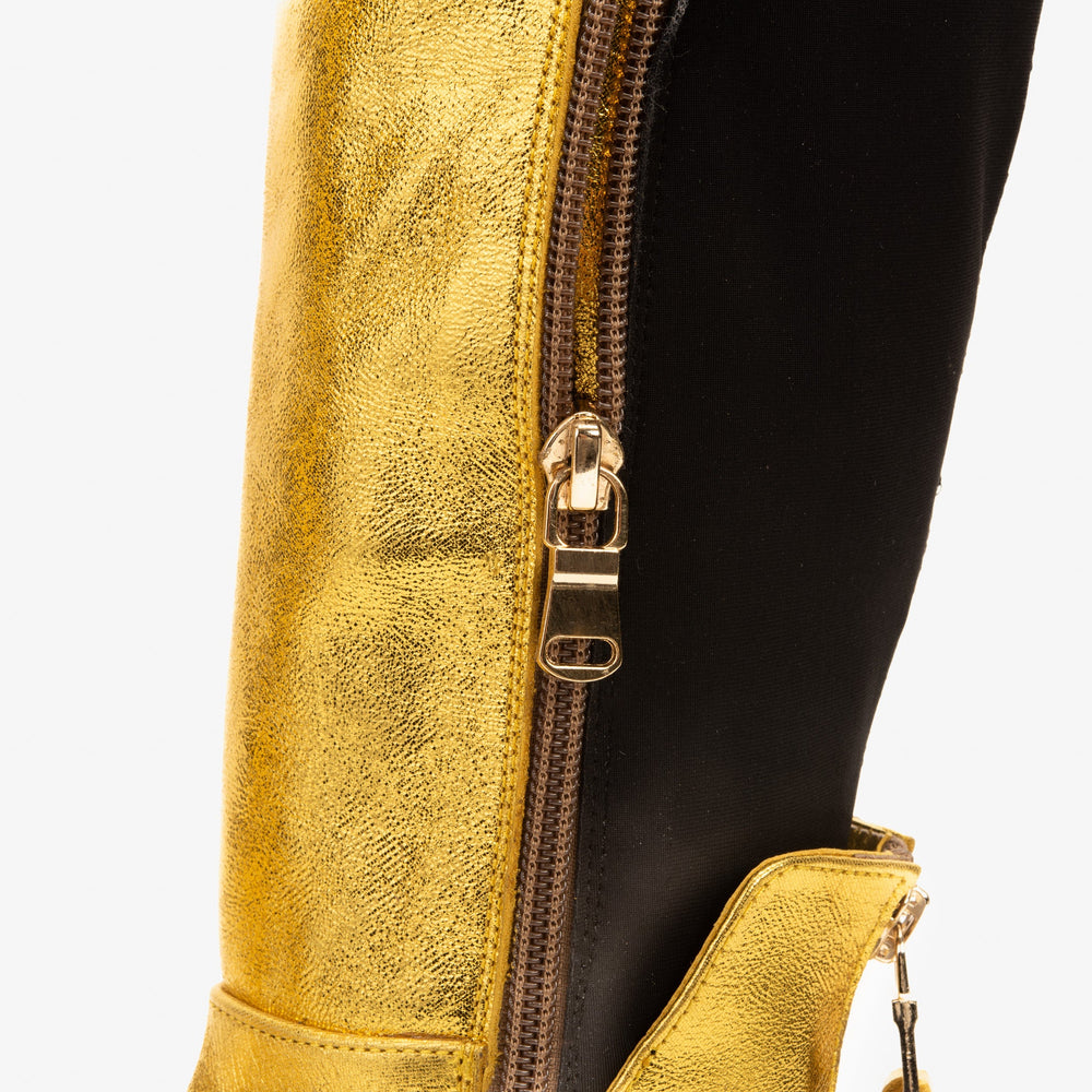 The Fairoks Gold Leather Pointy Toe Knee High Boot