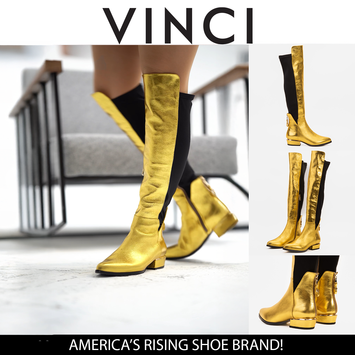 The Fairoks Gold Leather Pointy Toe Knee High Boot