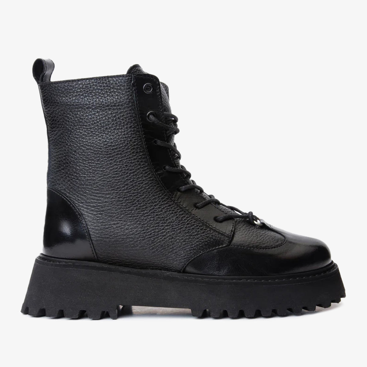 The Yildiz Black Leather Lace-Up Ankle  Boot With a Side Zipper