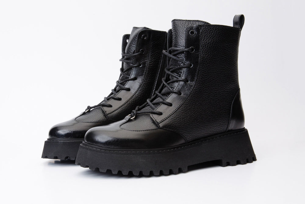 The Yildiz Black Leather Lace-Up Ankle  Boot With a Side Zipper