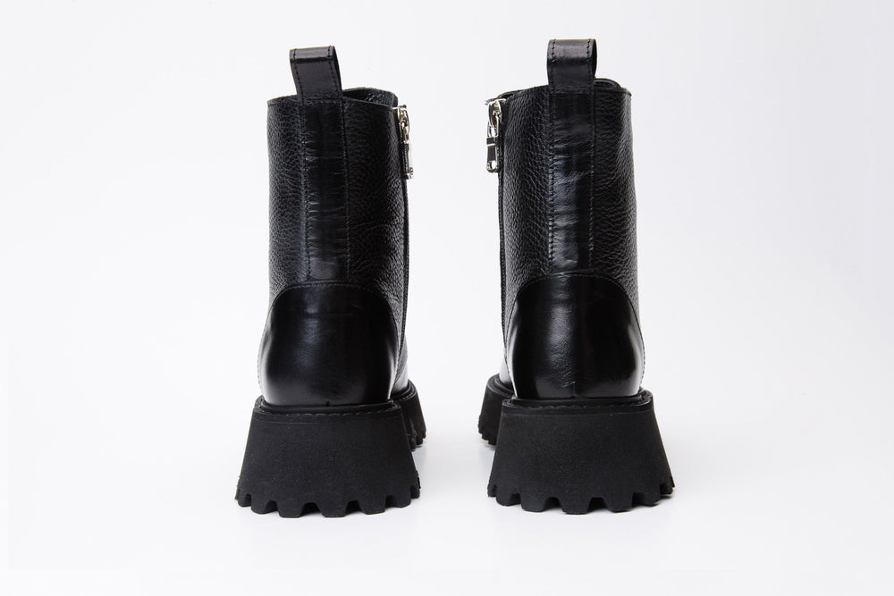 The Yildiz Black Leather Lace-Up Ankle  Boot With a Side Zipper