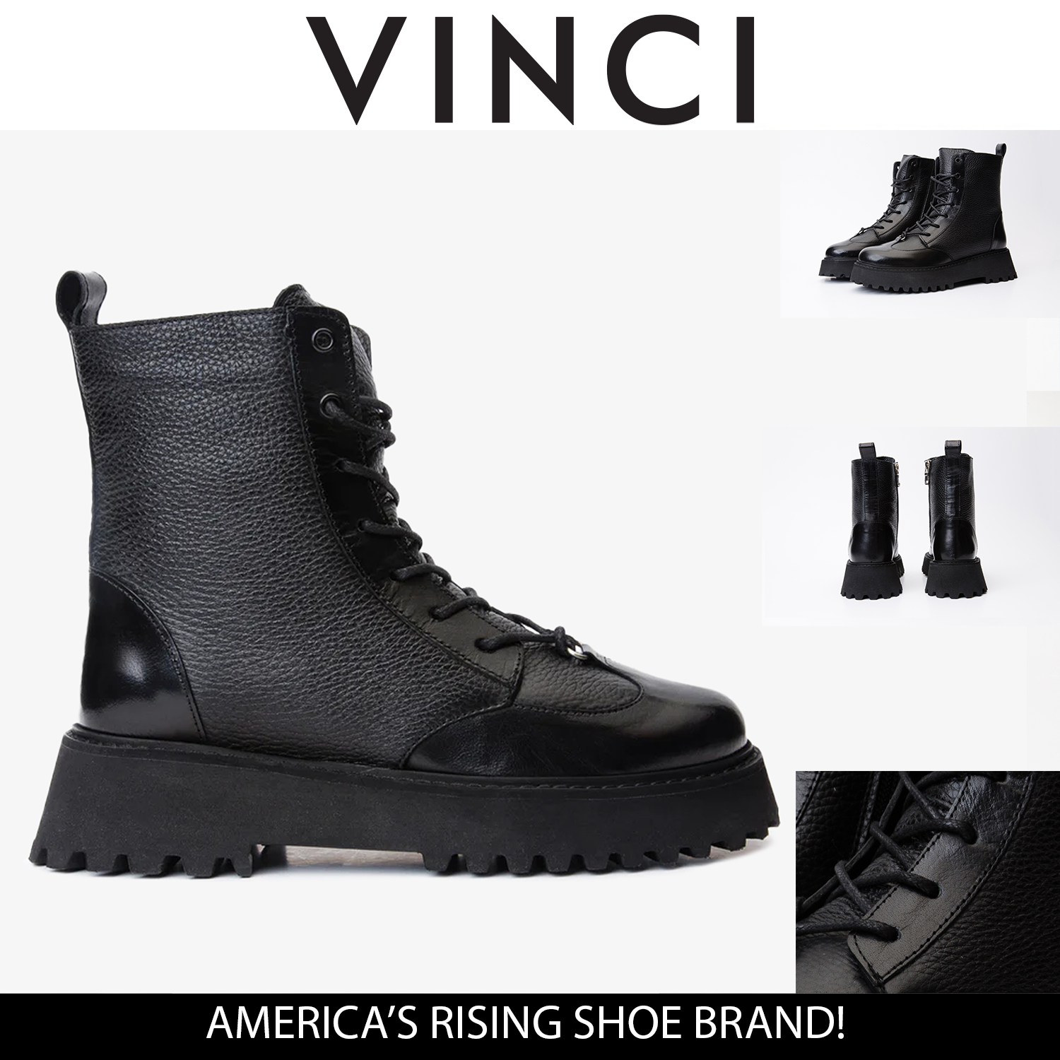 The Yildiz Black Leather Lace-Up Ankle  Boot With a Side Zipper